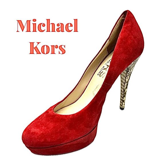 Michael Kors Red Suede 5” Platform Animal Print Soled Heels Size 8 Medium - Picture 1 of 11